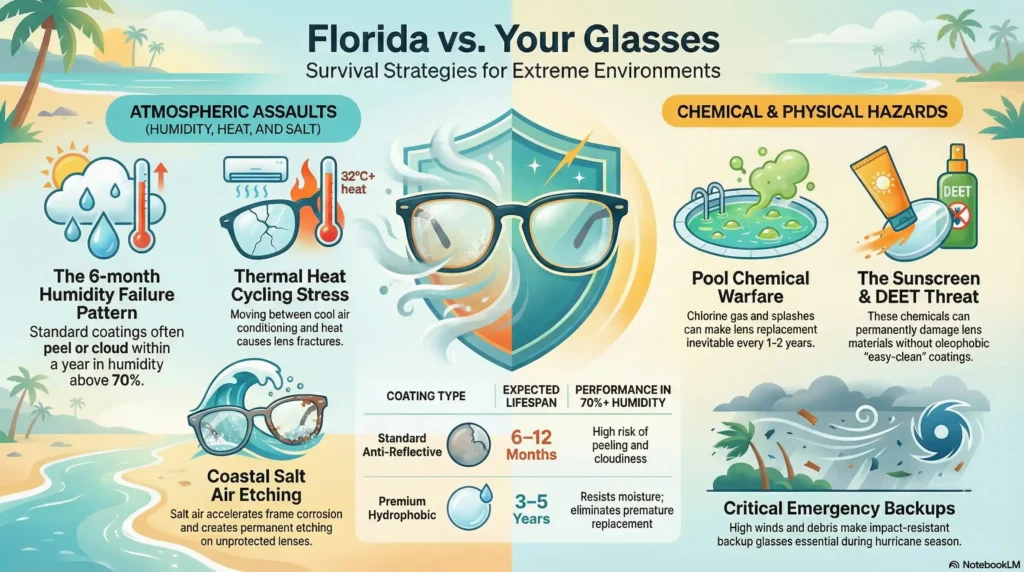 A chart detailing environmental risks to eyewear in Florida, including high humidity, heat cycling, salt air corrosion, pool chlorine, sunscreen chemicals, and intense UV exposure