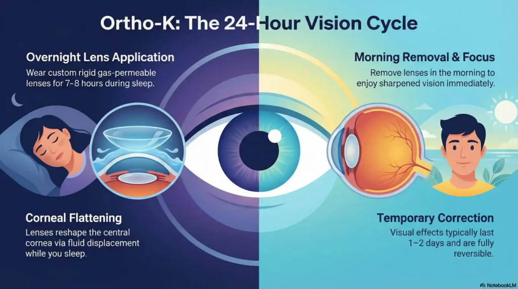 Diagram showing the Ortho-K corneal reshaping process from lens application to daytime clear vision.