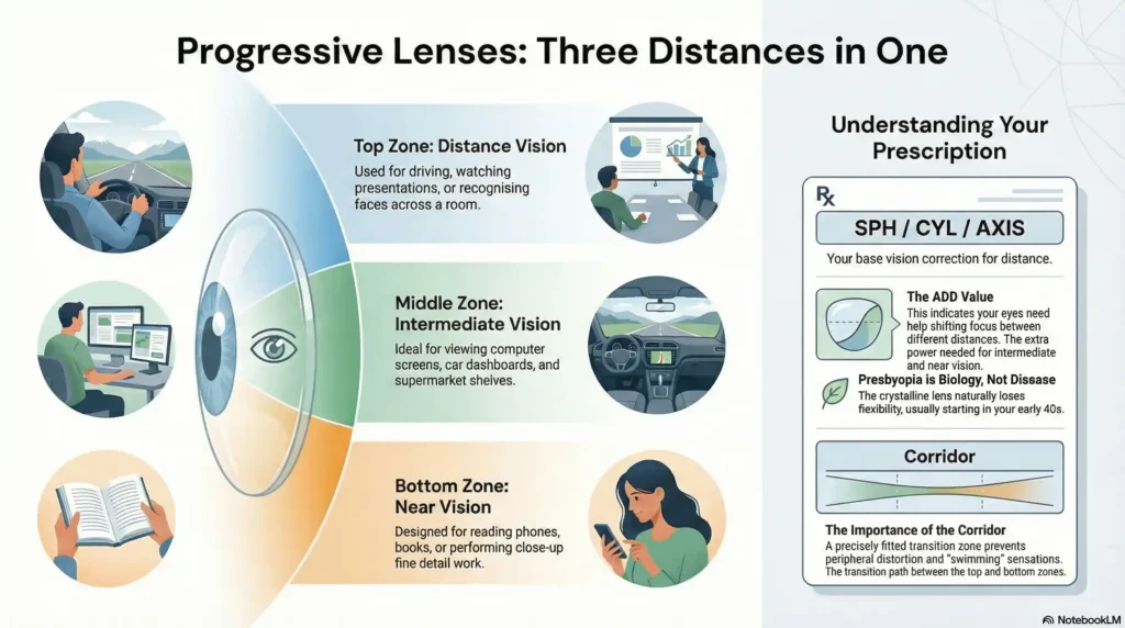 Annotated eye prescription showing plain-language labels, with a special highlight on the ADD power column and its meaning