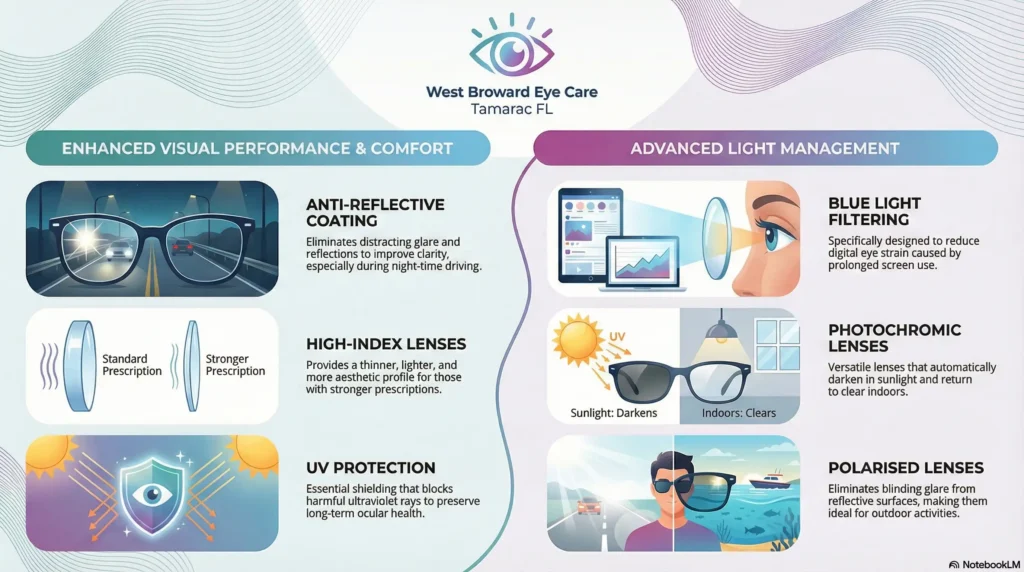 Comparison chart of anti-reflective, blue light, photochromic, UV, polarized, and high-index lenses — West Broward Eye Care Tamarac FL.