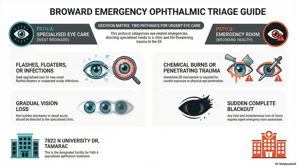 Emergency Eye Care Decision Matrix for Tamarac residents showing when to visit West Broward Eyecare vs Broward Health ER.