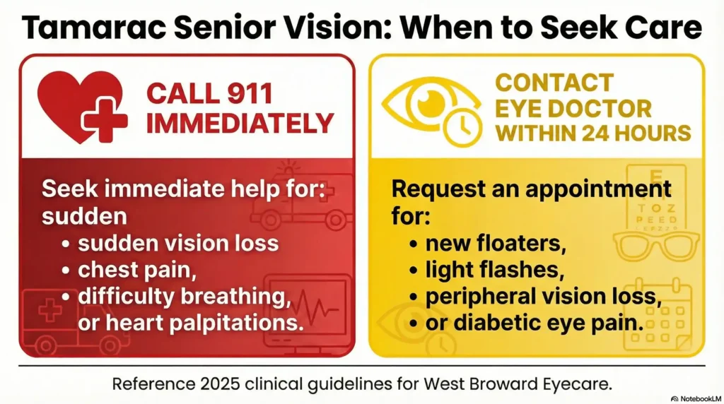 Decision tree for Tamarac seniors showing when vision changes require emergency 911 care versus an urgent optometric exam.