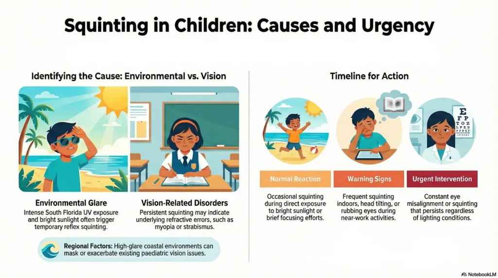 Infographic comparing environmental versus vision-related squinting patterns in children with a timeline for urgency.
