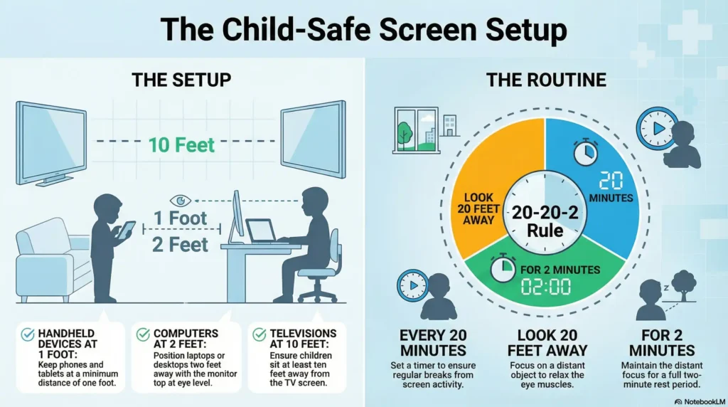 Diagram showing proper screen distance for kids: phones 1 foot, laptops 2 feet, TV 10 feet, plus the 20-20-2 rule breakdown.