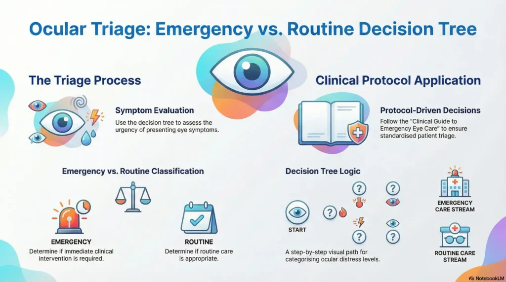 A decision tree infographic categorizing eye symptoms into emergency or routine care