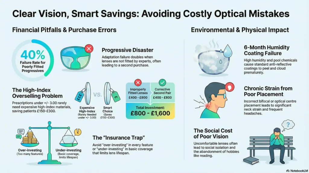 A flowchart guiding viewers through optical choices to avoid costly errors, specifically regarding progressive fittings, humidity-resistant coatings, and high-index materials