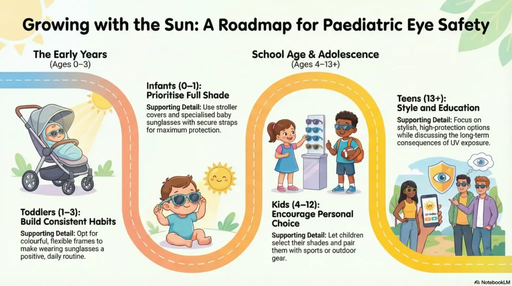 Infographic showing summer eye safety tips for infants, toddlers, kids, and teens in Tamarac.