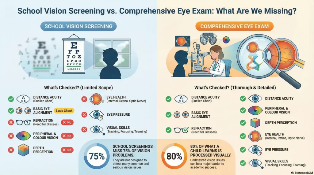 Comparison chart showing the limitations of school vision screenings vs the 12+ tests included in a comprehensive pediatric eye exam.