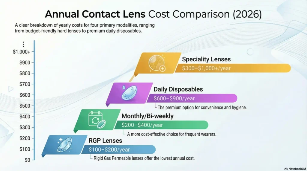 Comparison chart of annual contact lens costs by type including Daily, Monthly, Toric, and RGP lenses.