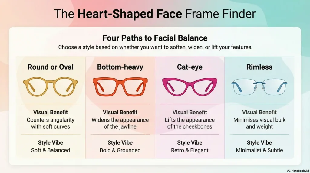 Infographic comparing the best eyeglass frame styles for heart-shaped faces including round, cat-eye, and bottom-heavy designs.