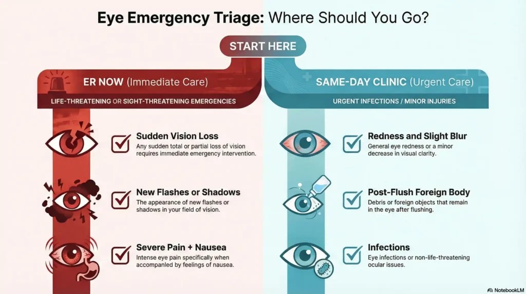 Flowchart showing how to triage eye emergency symptoms between ER visits and urgent eye clinic appointments.