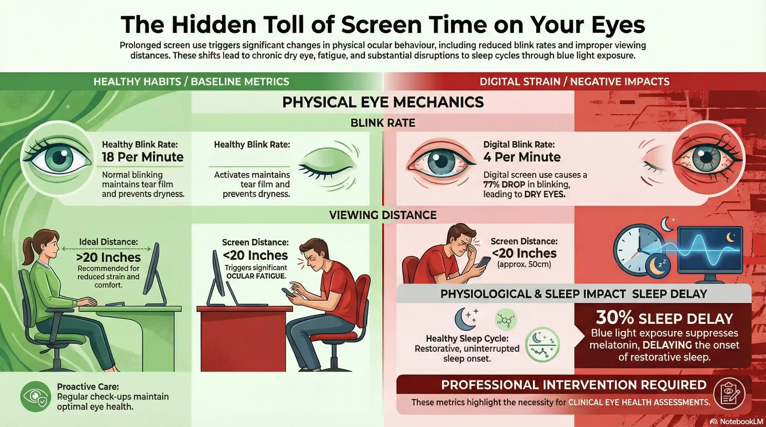 Infographic comparing blink rates and eye fatigue factors during screen use vs. normal conditions.