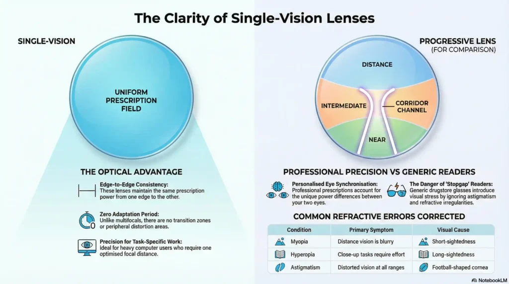 Side-by-side diagram of a uniform single-vision lens next to a progressive lens showing distance, intermediate, and near zones with a highlighted central corridor