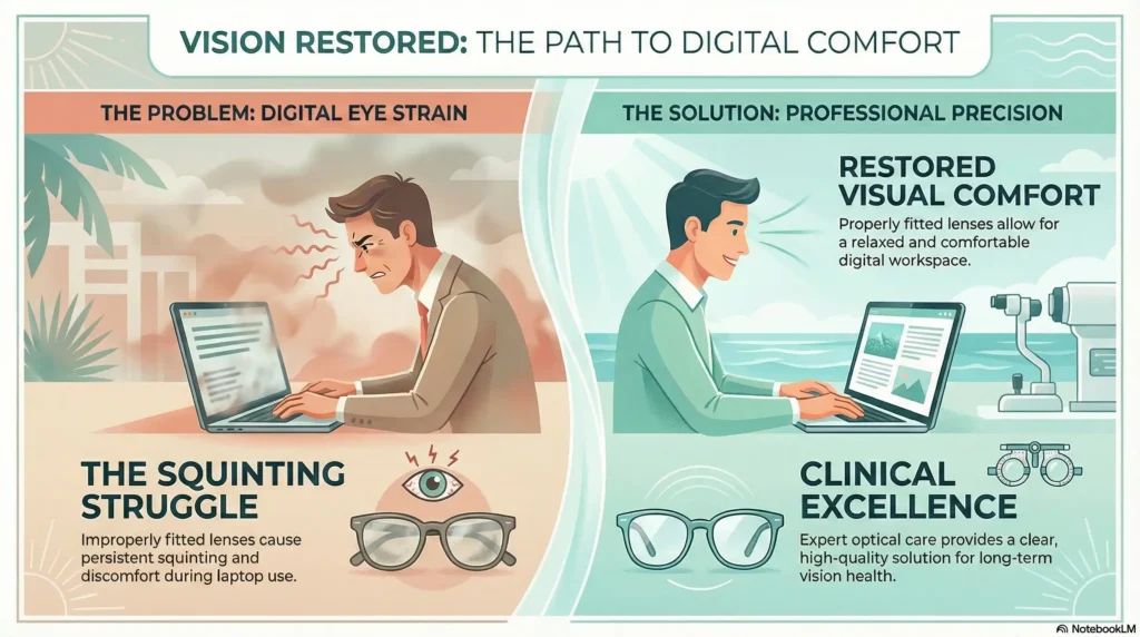 A split-image showing a patient squinting at a laptop on the left and working comfortably with properly fitted lenses on the right, set in a clean South Florida clinic.