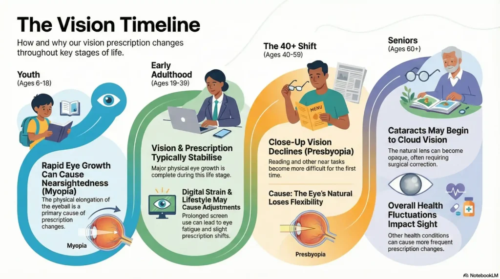 Infographic showing a timeline of eyeglass prescription changes from childhood growth spurts to age-related presbyopia.
