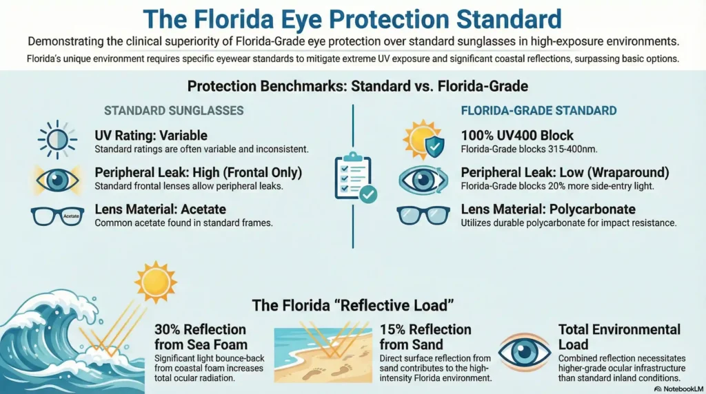 Checklist comparing standard vs UV400 wraparound sunglasses for Florida UV protection.