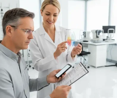 Patient struggling to focus with progressive eyeglasses while an optometrist explains progressive lens zones in a modern eye care clinic.