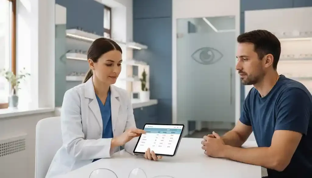 Optometrist explaining eyeglass prescription numbers and personalized lens options to a patient during a consultation.