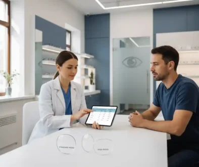 Optometrist explaining eyeglass prescription numbers and personalized lens options to a patient during a consultation.