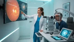 Optometrist evaluating a patient with sudden vision loss using advanced retinal imaging equipment in an eye clinic.