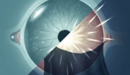 Illustration comparing normal eye floaters with warning signs like flashes of light and retinal shadow indicating a possible eye emergency
