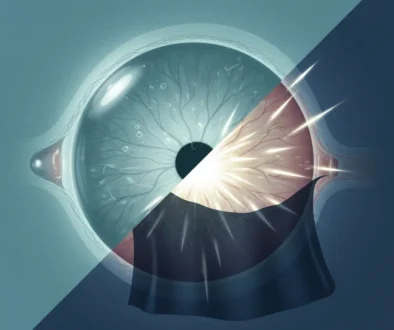 Illustration comparing normal eye floaters with warning signs like flashes of light and retinal shadow indicating a possible eye emergency