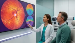 Optometrist showing retinal imaging results and OCT scan to a patient in a modern eye clinic