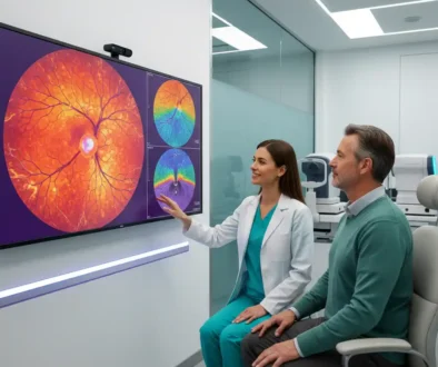 Optometrist showing retinal imaging results and OCT scan to a patient in a modern eye clinic