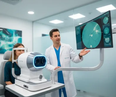 Retinal photography exam using Optomap device capturing a wide-field image of the retina for early detection of eye disease.