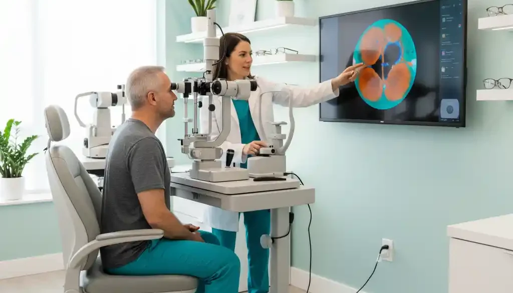 Comprehensive eye exam in progress with optometrist using advanced retinal imaging and diagnostic equipment