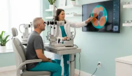 Comprehensive eye exam in progress with optometrist using advanced retinal imaging and diagnostic equipment