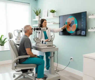 Comprehensive eye exam in progress with optometrist using advanced retinal imaging and diagnostic equipment