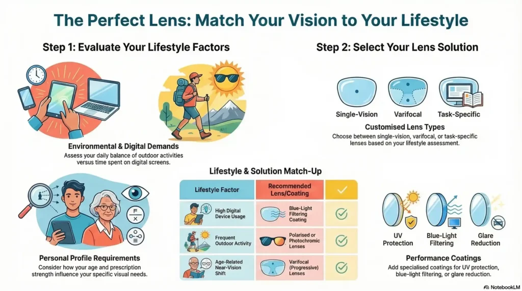 Decision-tree infographic matching lifestyle needs like screen time, age, and outdoor activity to perfect lenses.