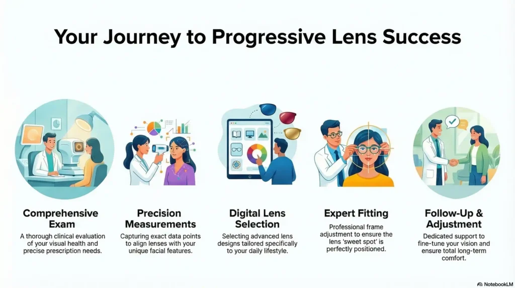 Flowchart showing five steps: Comprehensive Exam, Precision Measurements, Digital Lens Selection, Expert Fitting, and Follow-Up & Adjustment.