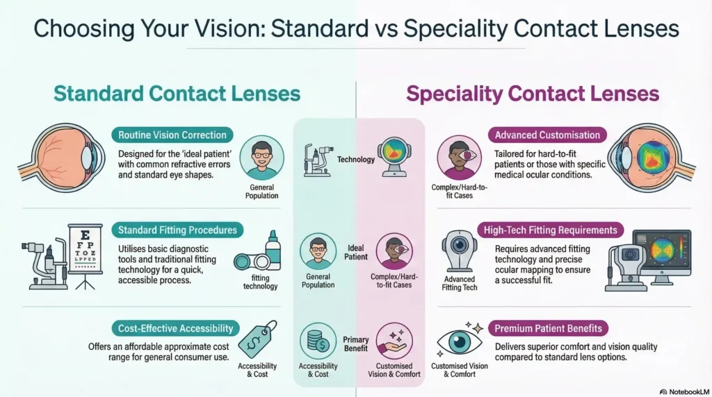 Teal and purple infographic comparing standard and specialty contact lenses by type, ideal patient, fitting tech, cost, and key benefits.