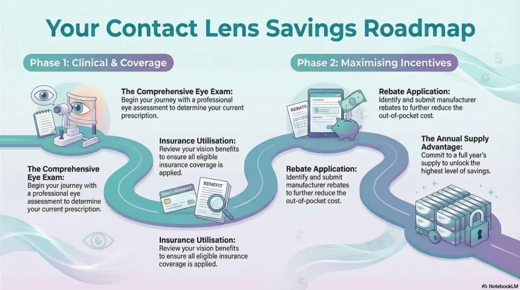 Illustrated patient journey showing how to save on contact lenses through insurance, rebates, and annual supplies.