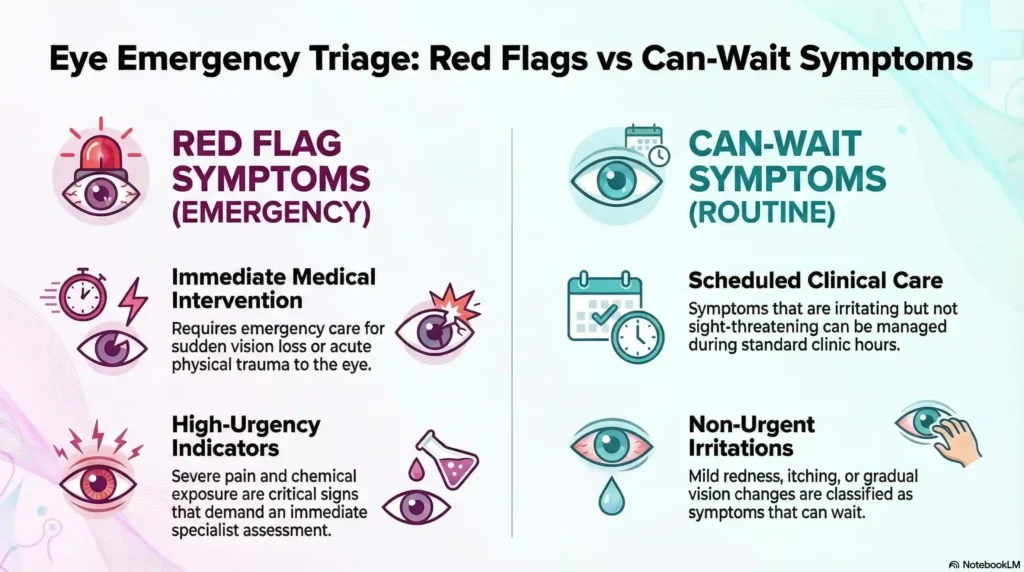 A two-column checklist showing urgent versus non-urgent eye symptoms, color-coded in teal and magenta