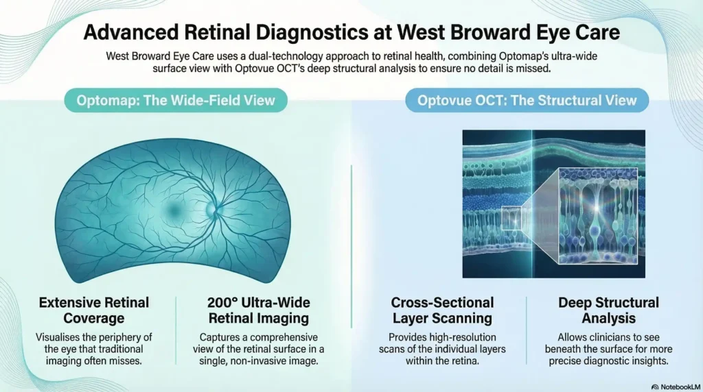 Side-by-side graphic comparing Optomap wide-field retinal imaging (200° view) and Optovue OCT cross-section scans