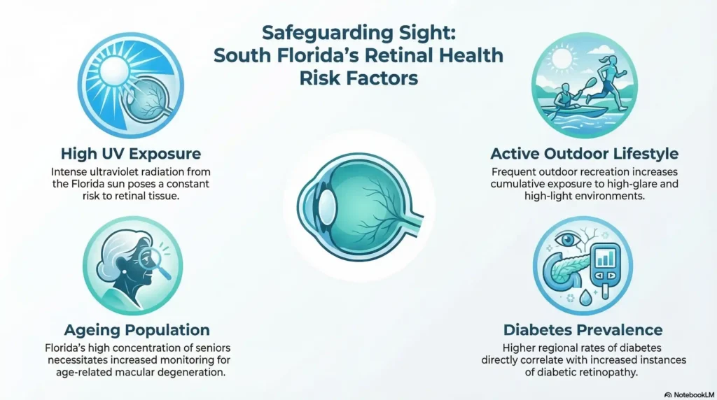 Medical icons in blue and teal illustrating four South Florida retinal health risks: UV exposure, aging population, diabetes prevalence, and outdoor lifestyle.