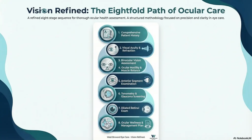 Vertical step-by-step infographic showing 8 eye exam steps with icons, branded in teal and dark colors