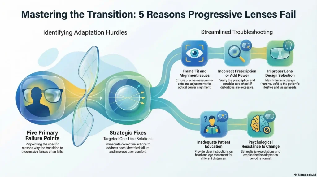 Infographic displaying five vertical columns, each featuring a problem icon, title, and a one-line solution for progressive lens issues.