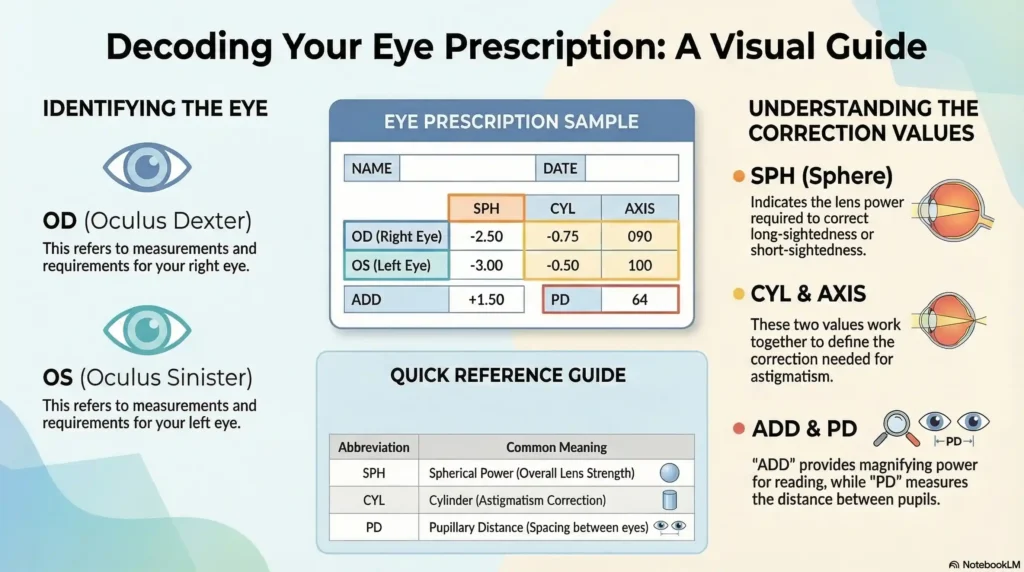 Infographic decoding an eye prescription card's fields (OD, OS, SPH, CYL, AXIS, ADD, PD) with simple, color-coded labels.