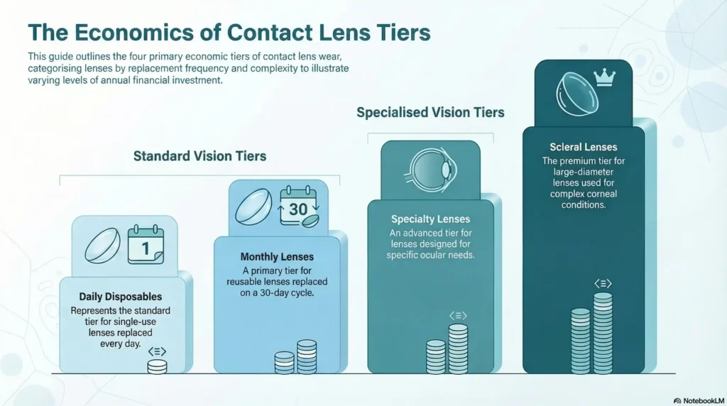 Teal and blue tiered bar chart comparing the average annual costs of daily disposable, monthly, specialty, and scleral contact lenses.
