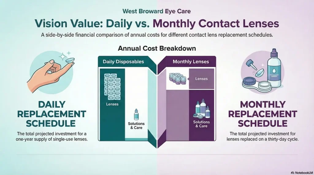Teal and purple infographic comparing the annual cost breakdown of daily and monthly contact lenses
