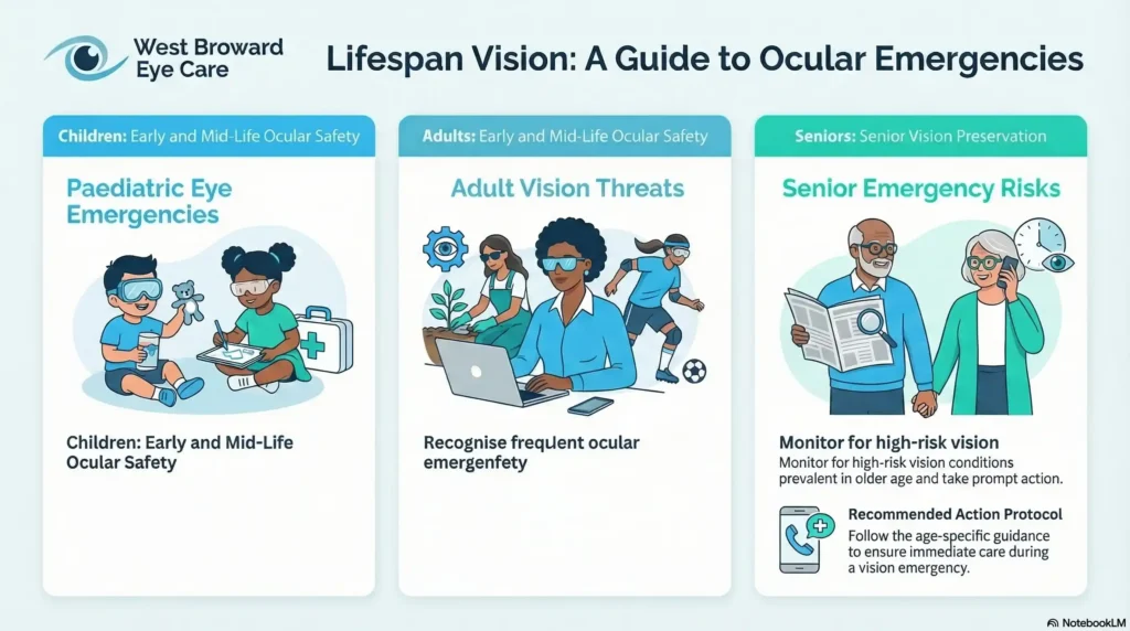 A 3-column blue and teal chart showing common eye emergencies and recommended actions for children, adults, and seniors.