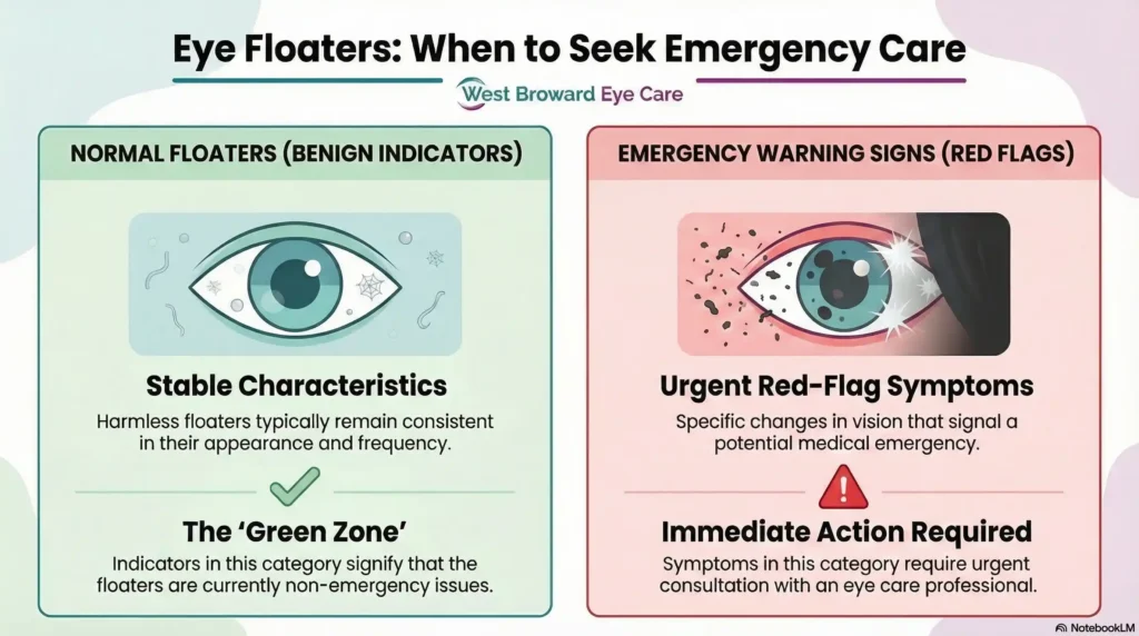 Side-by-side chart by West Broward Eye Care comparing benign floaters in green to emergency warning signs in red.