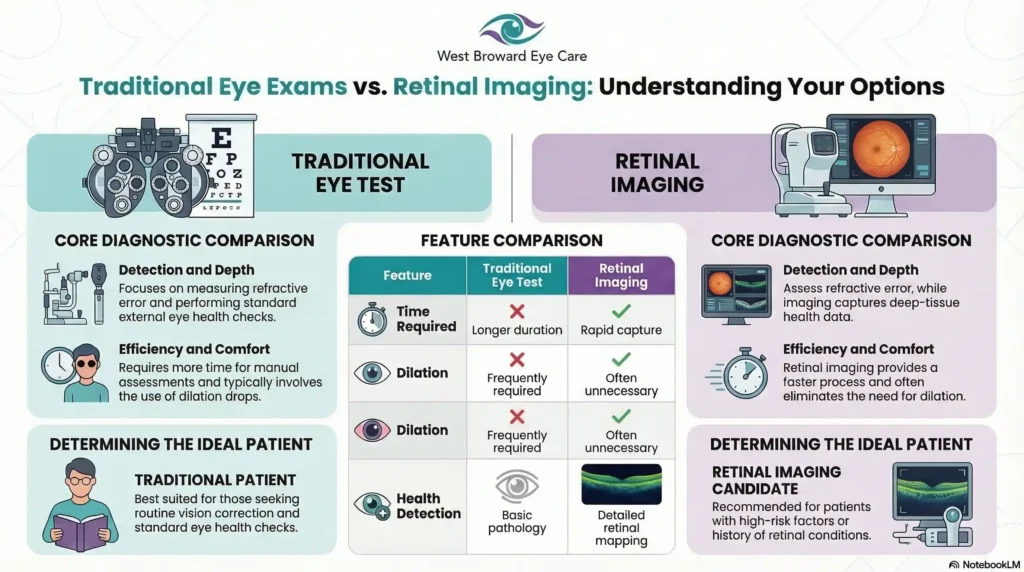 Teal and purple infographic by West Broward Eye Care comparing the features and ideal patient types for traditional eye tests versus retinal imaging.