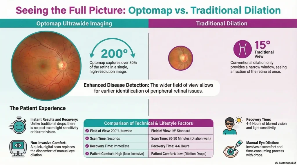 Teal and purple infographic comparing Optomap (200° view) to traditional dilation (15° view), featuring icons for scan time, field of view, recovery, patient comfort, and disease detection range.
