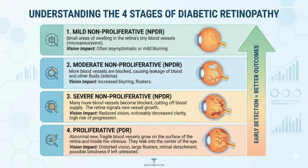 A linear infographic showing four stages of diabetic retinopathy, from mild to severe. Diagrams illustrate increasing retinal damage. A prominent arrow highlights that early detection leads to better outcomes.