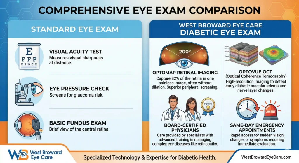 An infographic titled 'Comprehensive Eye Exam Comparison'. It lists 'Standard Eye Exam' on the left (Visual Acuity, Eye Pressure, Basic Fundus Exam) and 'West Broward Eye Care Diabetic Eye Exam' on the right. The diabetic exam highlights specialized technology (Optomap Retinal Imaging, Optovue OCT), board-certified physicians, and same-day emergency appointments. West Broward Eye Care branding is at the bottom.